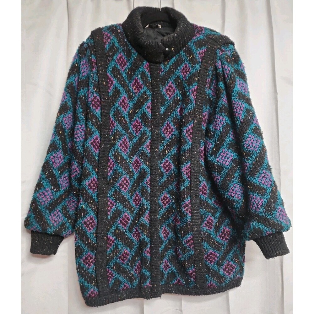 Vintage 80s Knit Sweater Parka Jacket Coat Women's Large Oversized Mock Neck